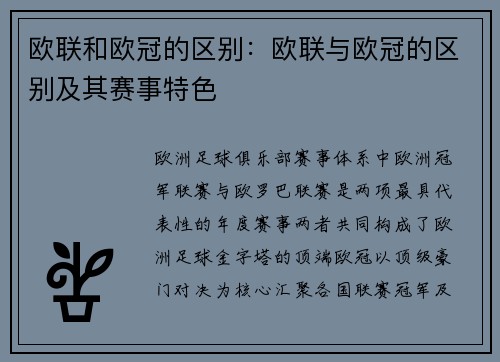 欧联和欧冠的区别：欧联与欧冠的区别及其赛事特色